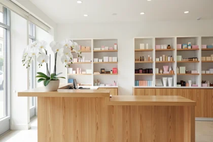 Accueil lumineux d'un institut de beauté avec comptoir en bois et orchidées