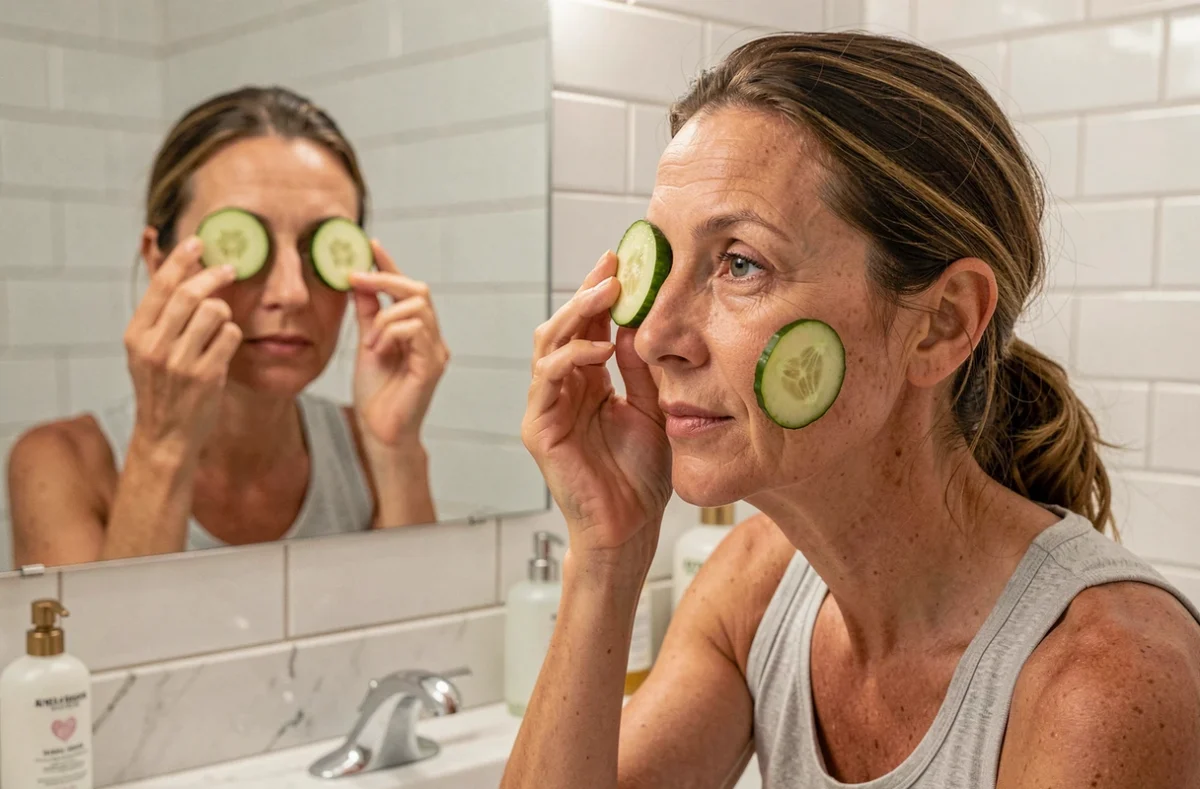 Femme appliquant une rondelle de concombre sous l'œil devant un miroir de salle de bain