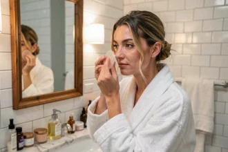 Femme appliquant un fond de teint poudre avec un puff devant son miroir de salle de bain le matin