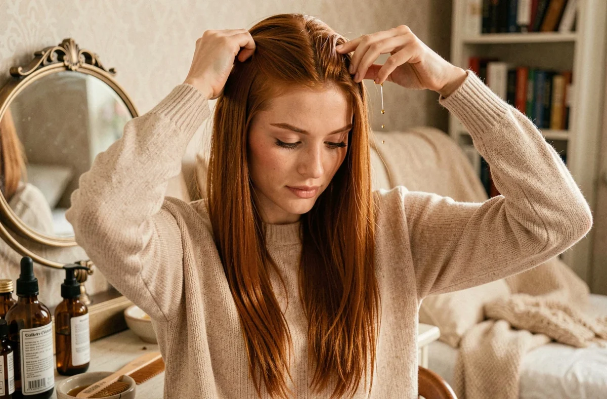 Femme appliquant de l'huile sur son cuir chevelu quotidiennement devant un miroir de coiffeuse avec des produits capillaires naturels