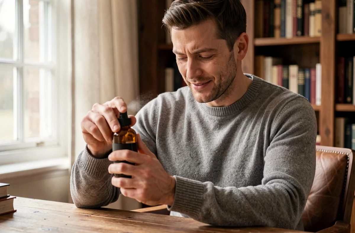 Homme appliquant du parfum sur son poignet dans un bureau cosy à la maison