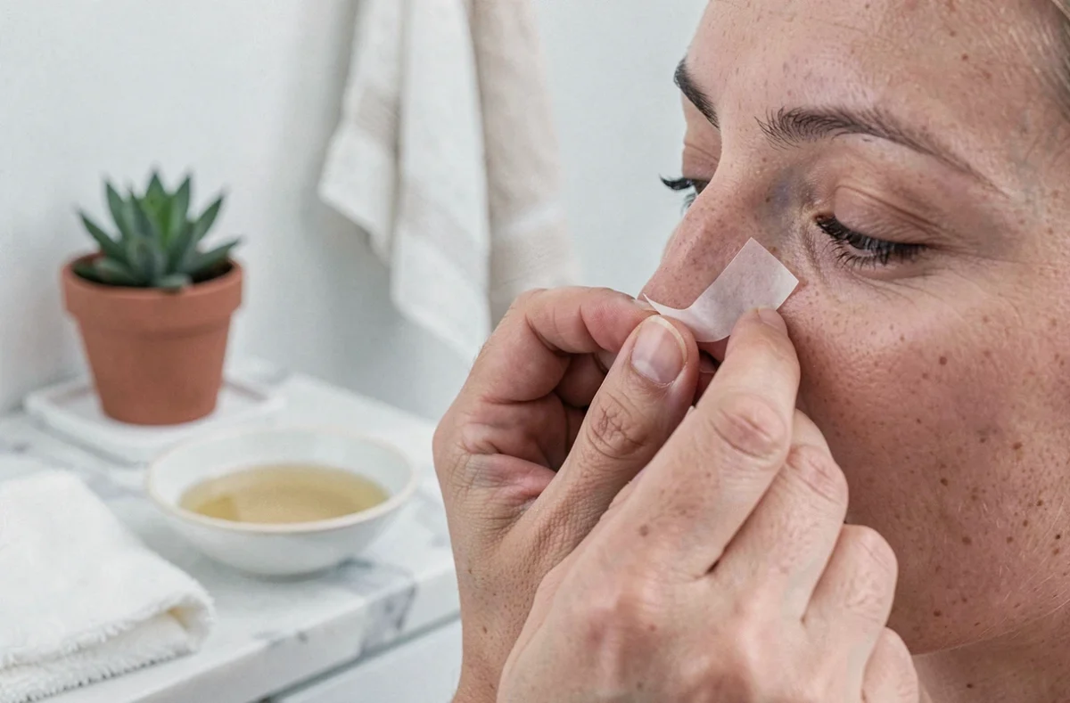 Application d'un pore strip adhésif sur le nez pour éliminer les points noirs et déboucher les pores à la maison