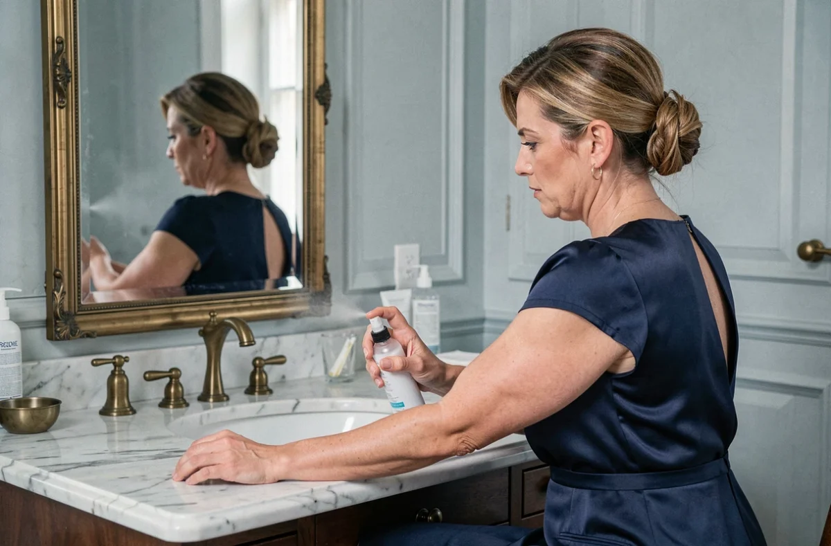 Femme appliquant un produit anti-statique sur une robe en soie bleu marine pour éviter les collages