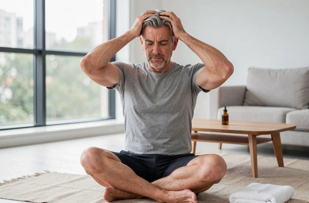 Homme pratiquant un auto-massage du cuir chevelu à domicile sur un tapis de yoga