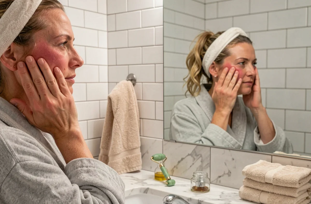 Femme pratiquant un auto-massage du visage devant son miroir de salle de bain pour réduire les rides