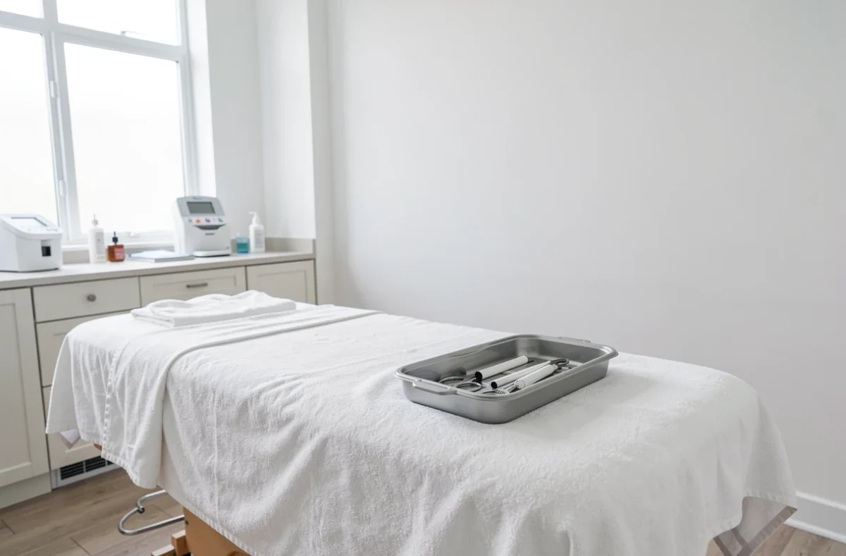 Cabine de soin propre avec table recouverte de linge blanc et matériel rangé