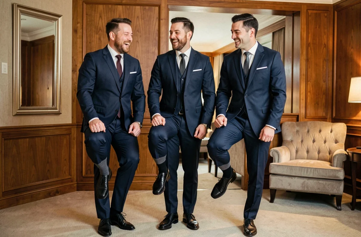 Marié et ses témoins comparant leurs chaussettes coordonnées dans une suite d'hôtel, tous en costume bleu marine avec des chaussures derby noires