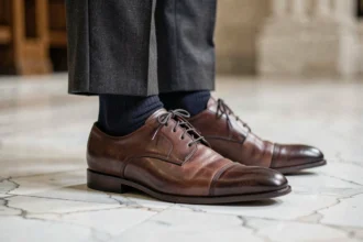 Chaussettes de marié élégantes en coton côtelé marine portées avec un pantalon de costume gris et des richelieus en cuir marron sur sol en marbre blanc