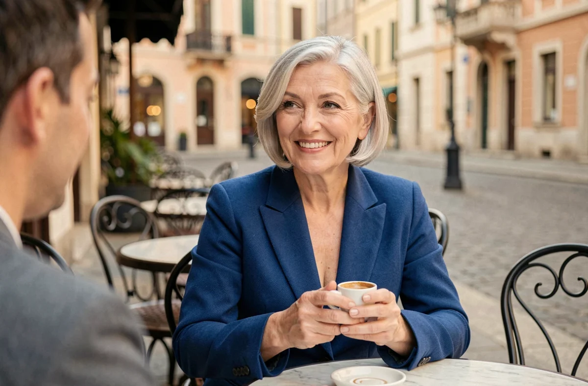 Femme élégante aux cheveux blancs argentés en carré court portant un blazer bleu cobalt dans un café parisien, illustrant comment les cheveux clairs réduisent la visibilité des rides