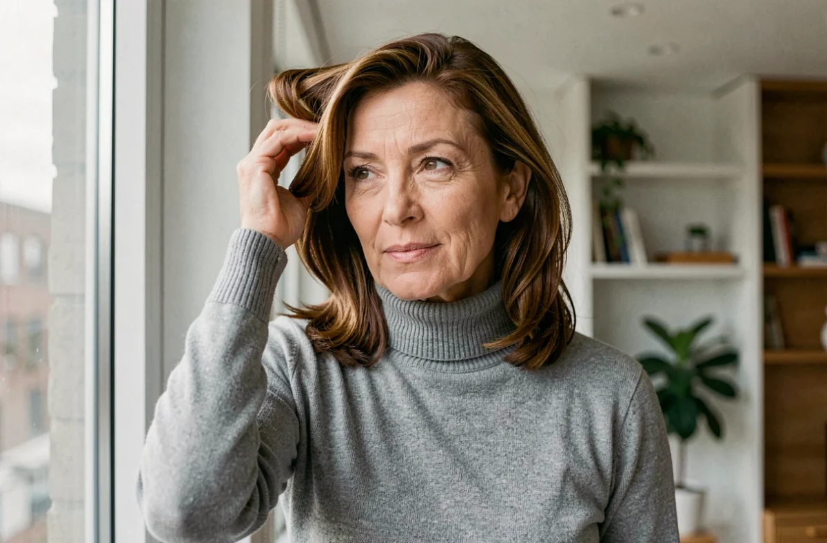 Femme de 60 ans aux cheveux châtains avec des reflets caramel qui minimisent l'apparence des rides, photographiée dans un appartement moderne
