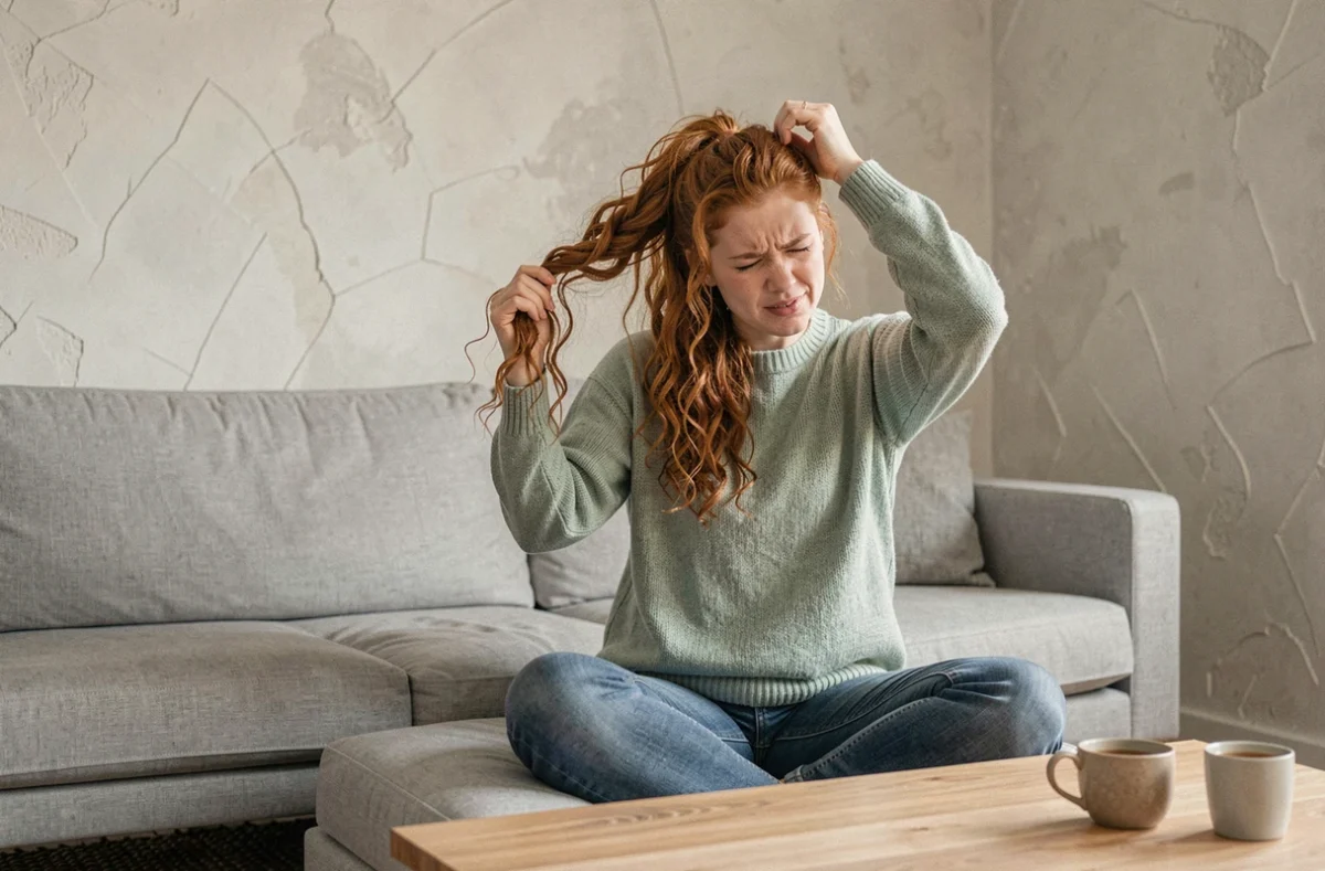 Jeune femme défaisant un chignon serré sur un canapé en ressentant une douleur à la racine des cheveux