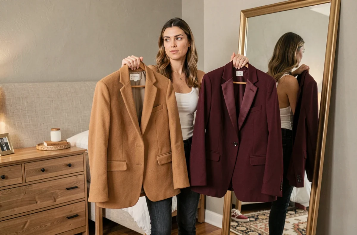 Femme comparant deux blazers devant un miroir pour choisir la coupe la plus flatteuse pour sa silhouette