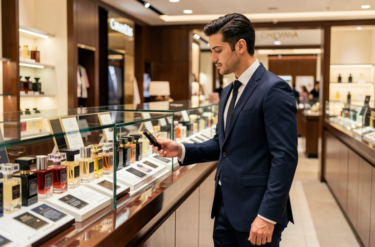 Homme choisissant un parfum masculin dans un grand magasin de luxe