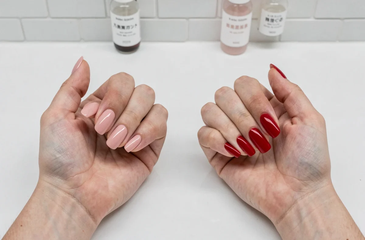 Comparaison côte à côte entre une manucure en gel japonais et une manucure en gel ordinaire sur fond blanc