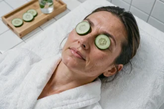 Femme allongée avec des rondelles de concombre sur les yeux dans un spa minimaliste
