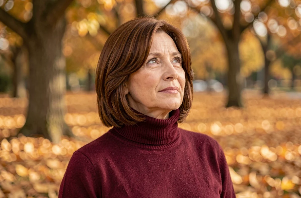 Femme élégante de 60 ans avec un carré brun châtain en automne dans un parc, portant un pull bordeaux