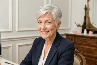 Femme de 60 ans avec une coupe courte gris argenté élégante, assise devant un miroir dans une chambre de style parisien