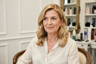 Femme de 55 ans avec des cheveux blond miel chauds qui atténuent les rides, assise dans un salon de coiffure élégant