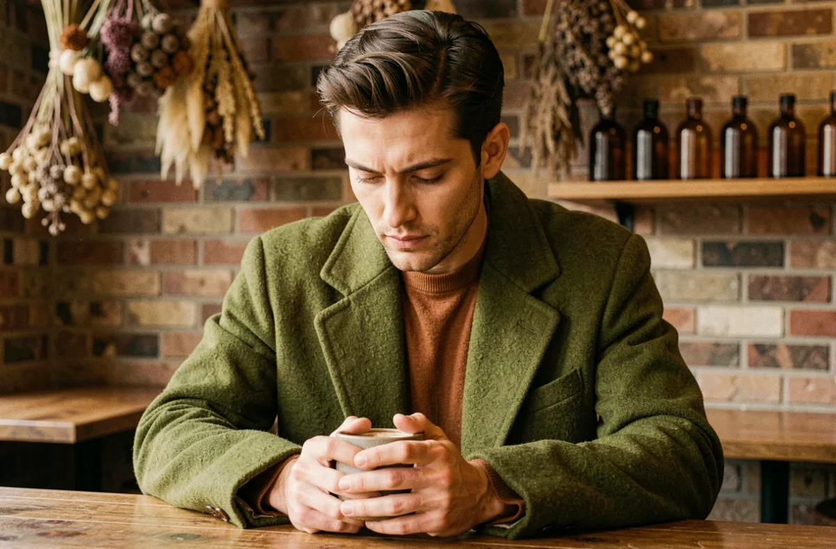 Homme en manteau vert mousse et pull rouille dans un café chaleureux, illustrant les teintes tendance de la saison automnale