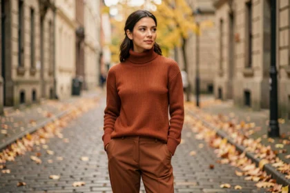 Femme portant un pull terracotta et un pantalon rouille dans une rue pavée aux feuilles d'automne, illustrant les couleurs tendance de l'automne