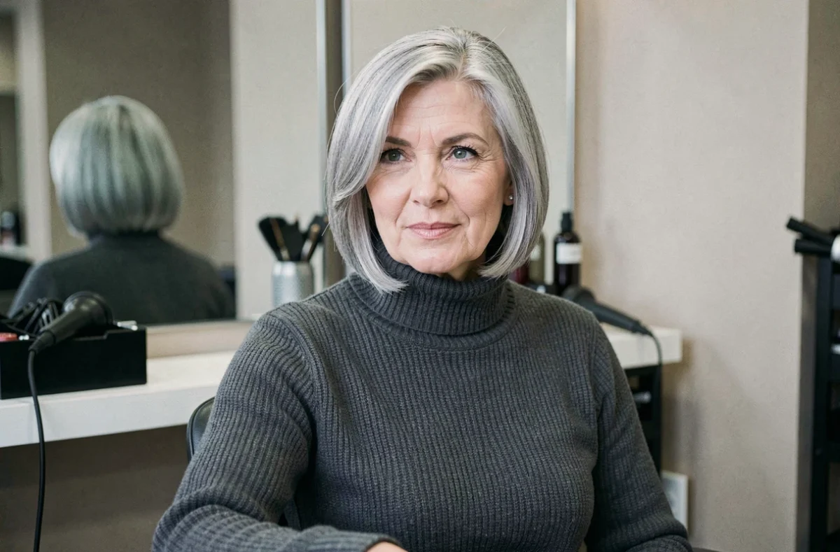 Coupe carré floue dégradé sur cheveux argentés d'une femme de 60 ans dans un salon de coiffure moderne