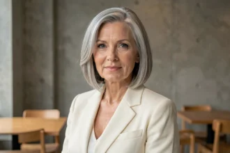 Femme mature avec une coupe carré floue et dégradé sur cheveux gris, style élégant et rajeunissant