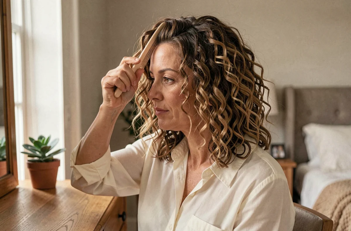 Femme aux cheveux bouclés avec un dégradé qui apporte du volume et du rebond à domicile