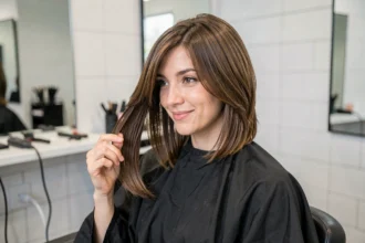 Femme aux cheveux fins avec un dégradé volumisant réalisé en salon de coiffure