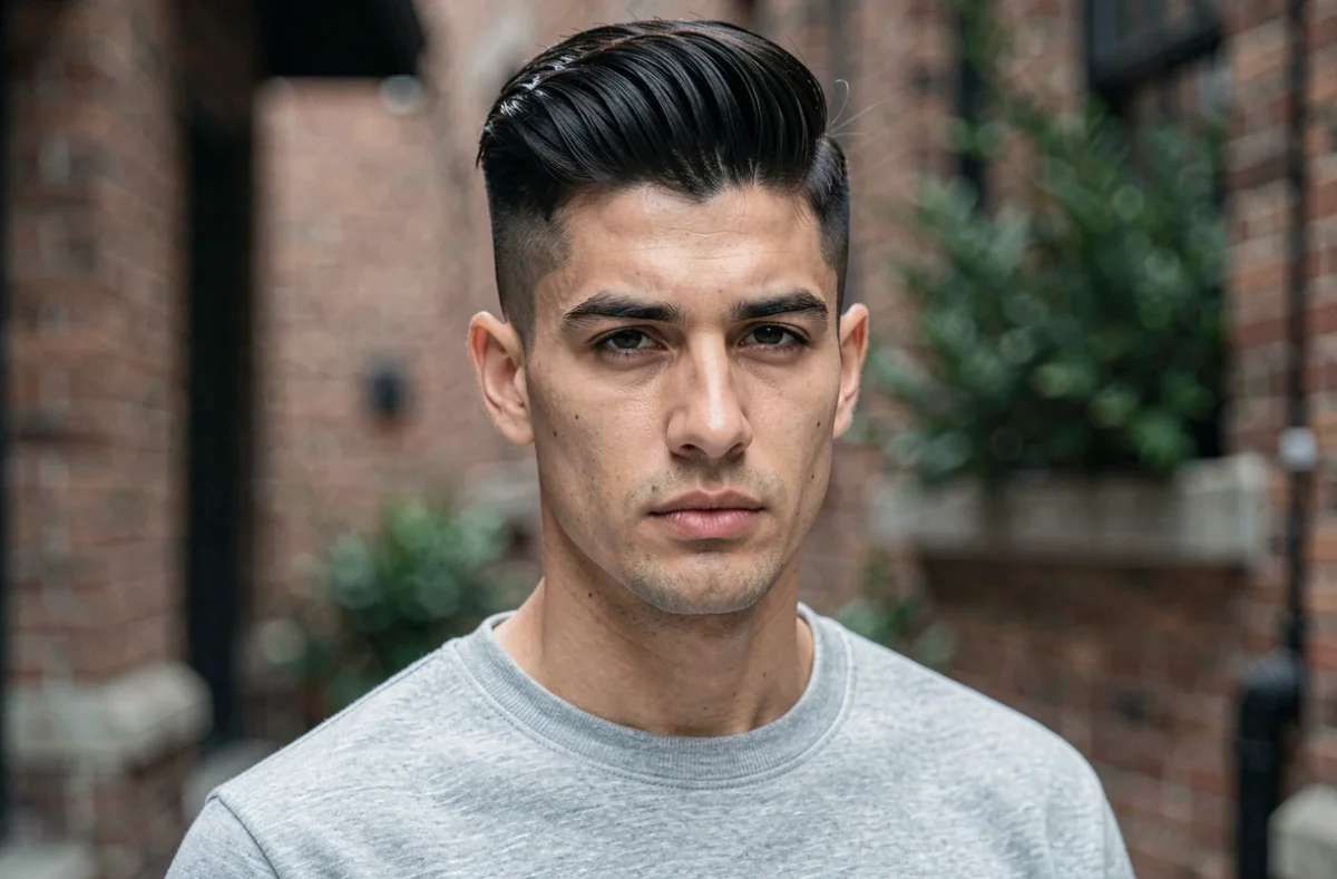 Homme avec un dégradé skin fade apportant du volume sur le dessus de la tête en milieu urbain