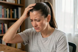 Femme tenant sa tête avec une expression douloureuse à cause de la sensibilité du cuir chevelu et de la racine des cheveux