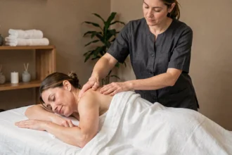 Femme recevant un massage du dos dans un spa professionnel, illustrant la durée idéale d'une séance de massage