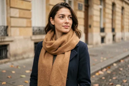 Femme portant une écharpe camel avec un manteau bleu marine dans une rue parisienne en automne