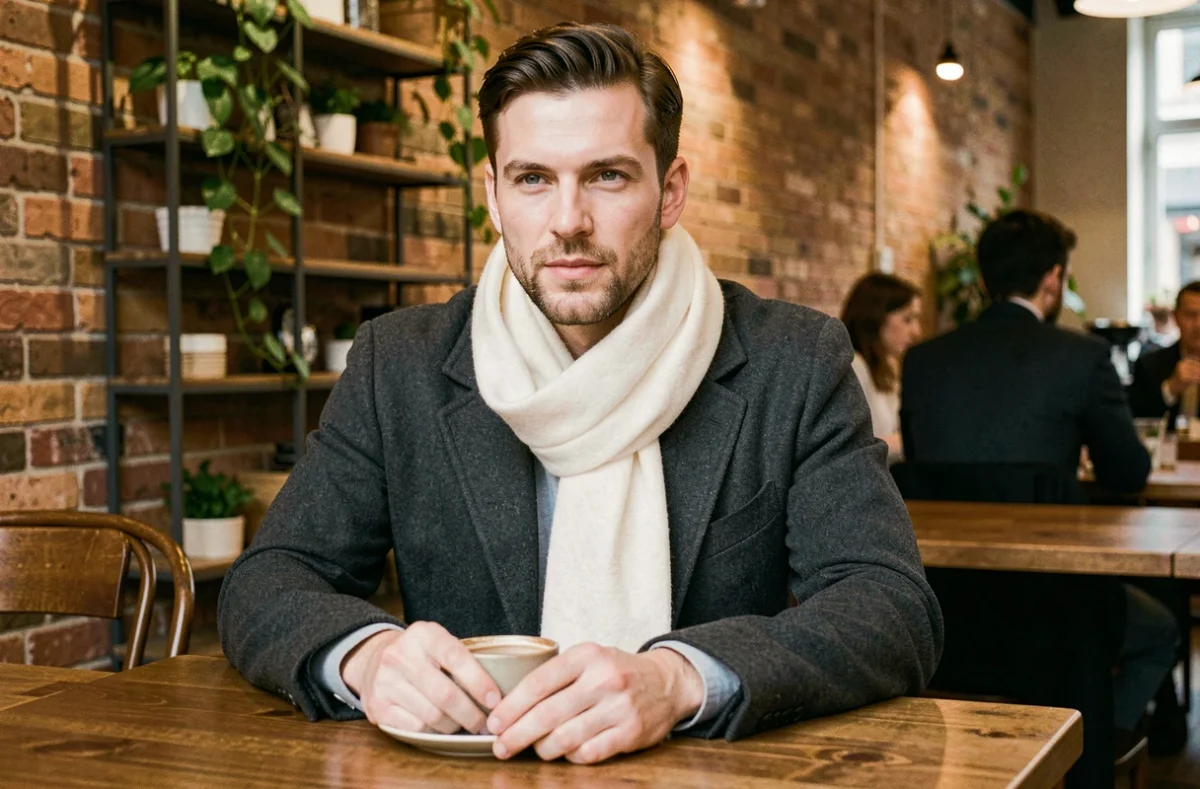 Homme avec une écharpe ivoire en cachemire portée avec un manteau gris dans un café cosy