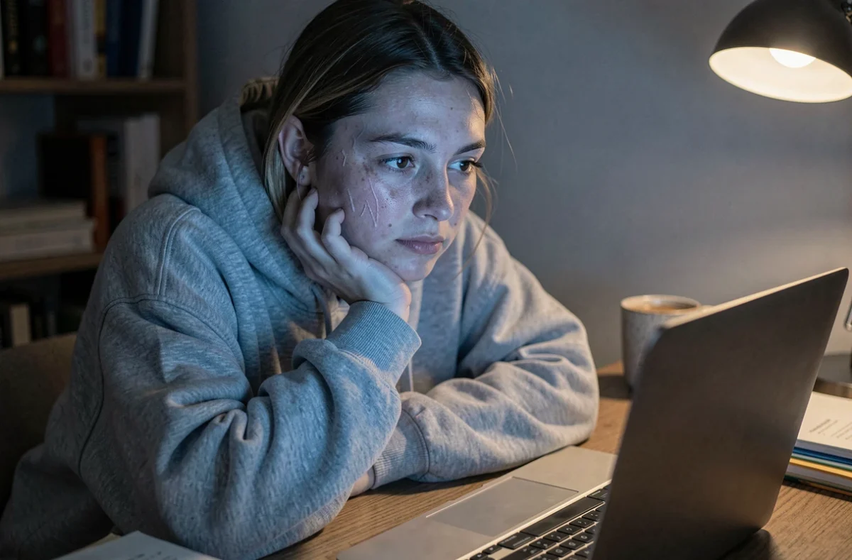 Jeune femme fatiguée devant un écran d'ordinateur, peau déshydratée et teint terne causés par les écrans et le manque de sommeil