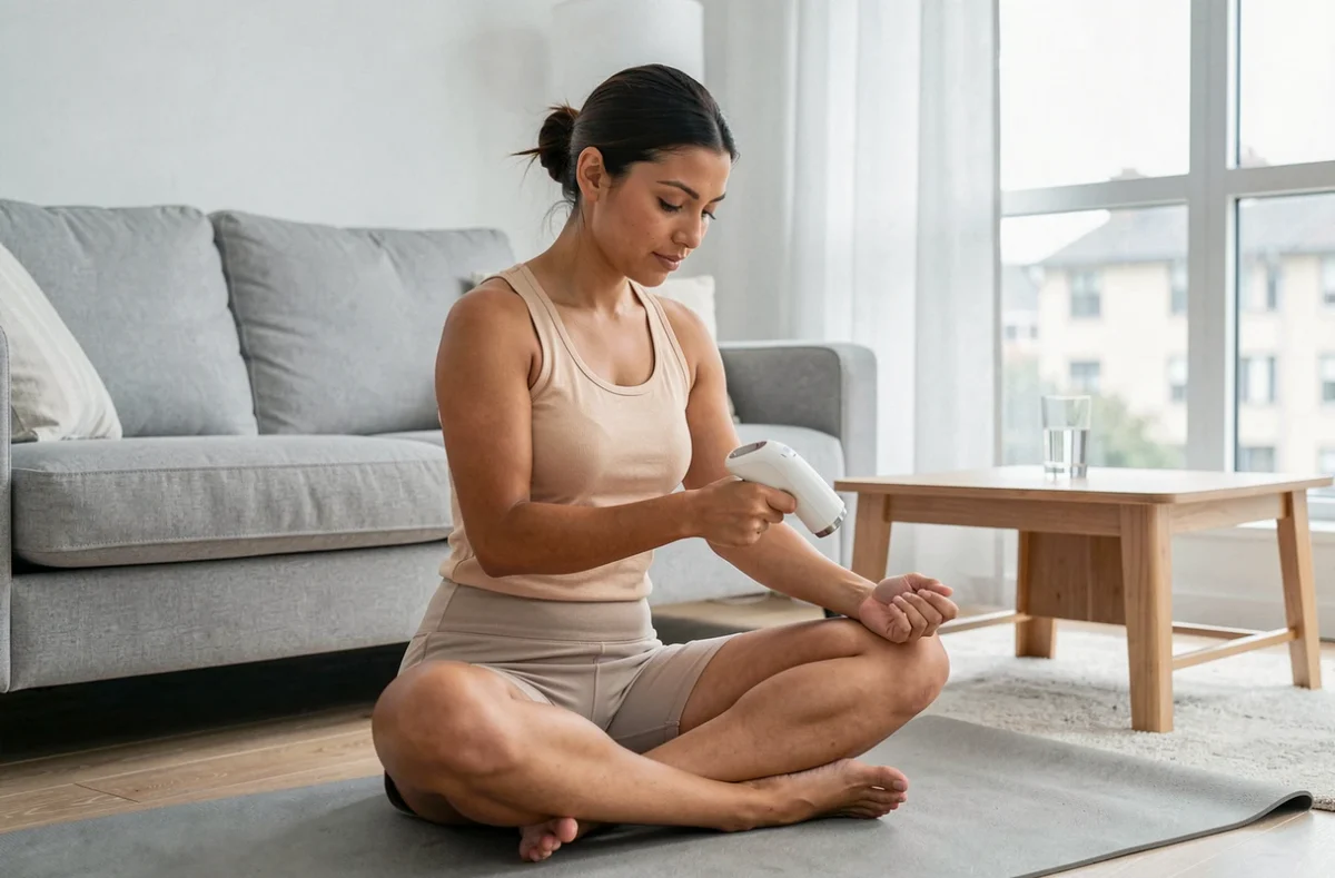 Femme assise sur un tapis de yoga utilisant un appareil IPL à domicile sur le bras