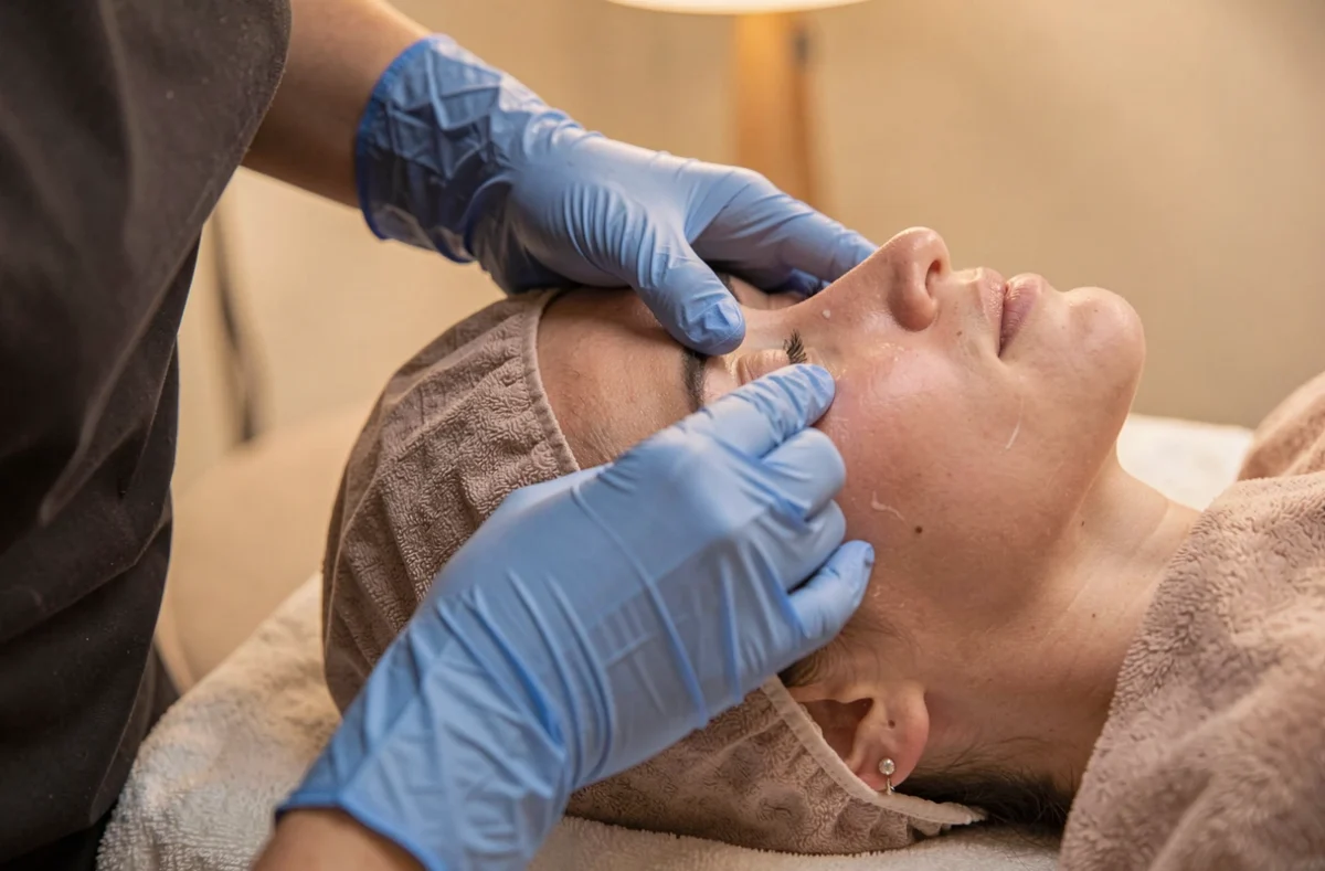 Esthéticienne réalisant un soin du visage dans un institut
