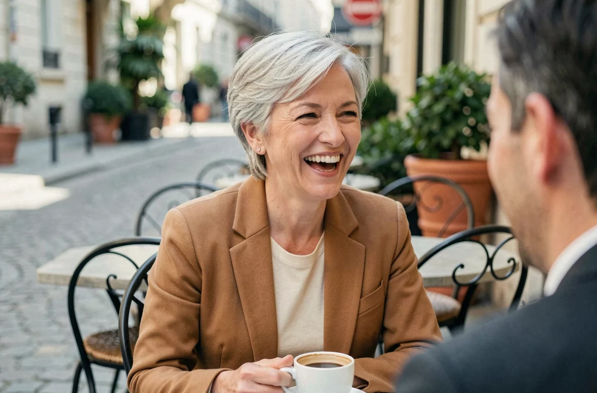Femme élégante de 50 ans aux cheveux gris courts riant en terrasse de café, style moderne et rajeunissant