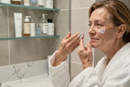 Femme d'une cinquantaine d'années appliquant une crème anti-rides sur le visage dans une salle de bain moderne
