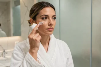 Femme appliquant une crème visage L'Oréal dans une salle de bain moderne en marbre blanc