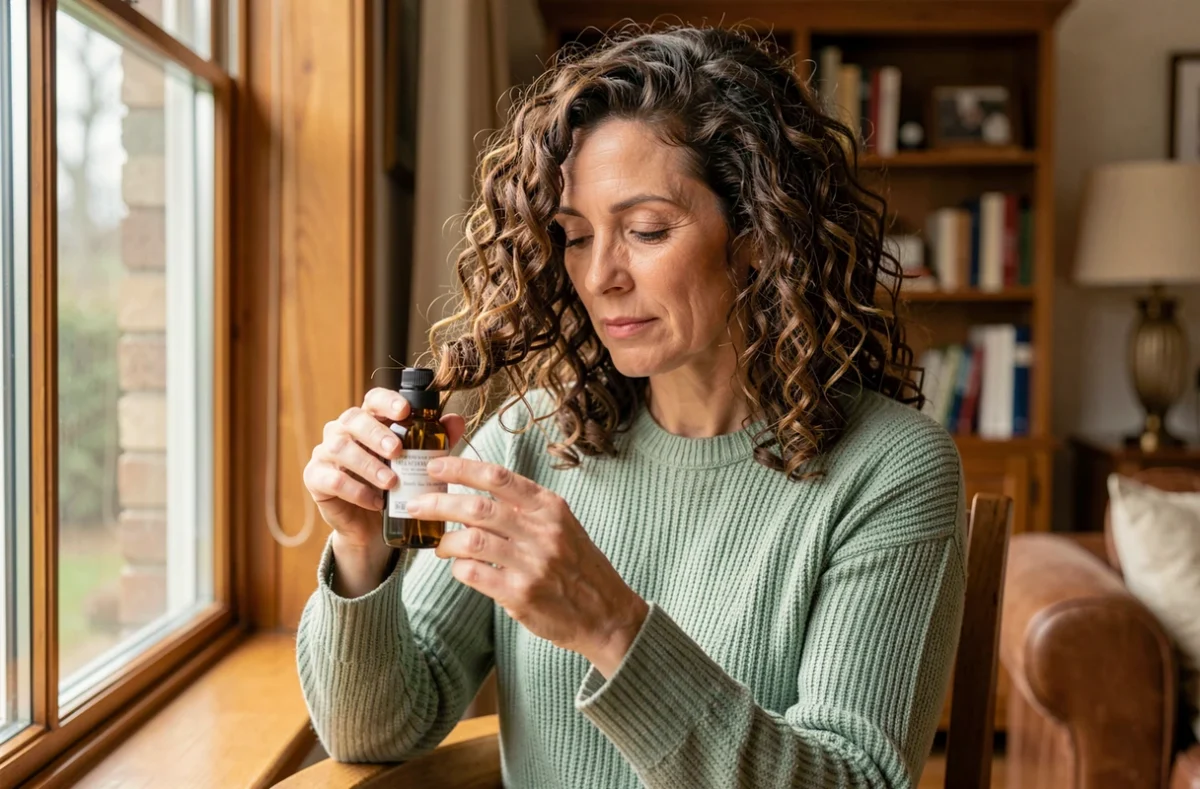 Femme aux cheveux bouclés naturels appliquant de l'huile capillaire dans un salon cosy près d'une fenêtre