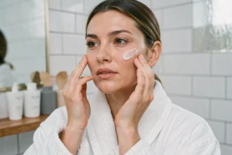 Femme appliquant une crème de jour sur son visage dans une salle de bain moderne