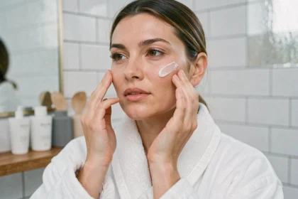 Femme appliquant une crème de jour sur son visage dans une salle de bain moderne