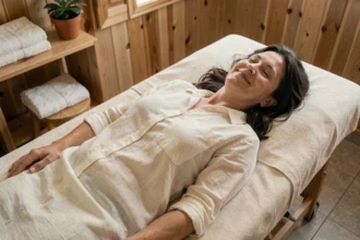 Femme allongée en état de détente profonde après un soin énergétique dans un studio de bien-être naturel