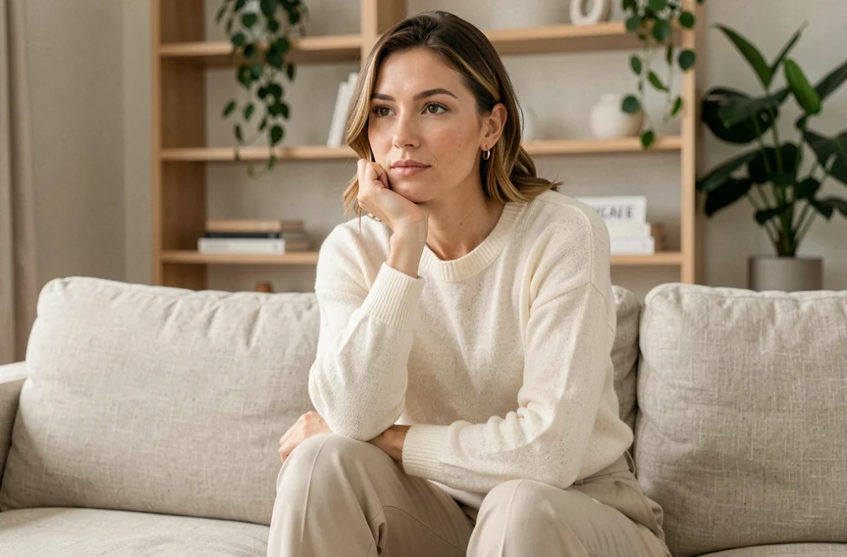 Femme élégante et attirante assise dans un salon scandinave minimaliste, expression sereine et posée