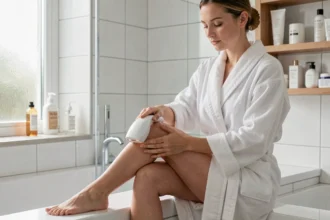 Femme utilisant un épilateur à lumière pulsée sur sa jambe dans une salle de bain moderne