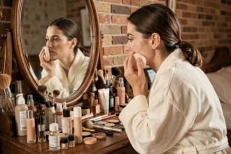 Femme appliquant du fond de teint avec une éponge de maquillage devant un miroir vintage