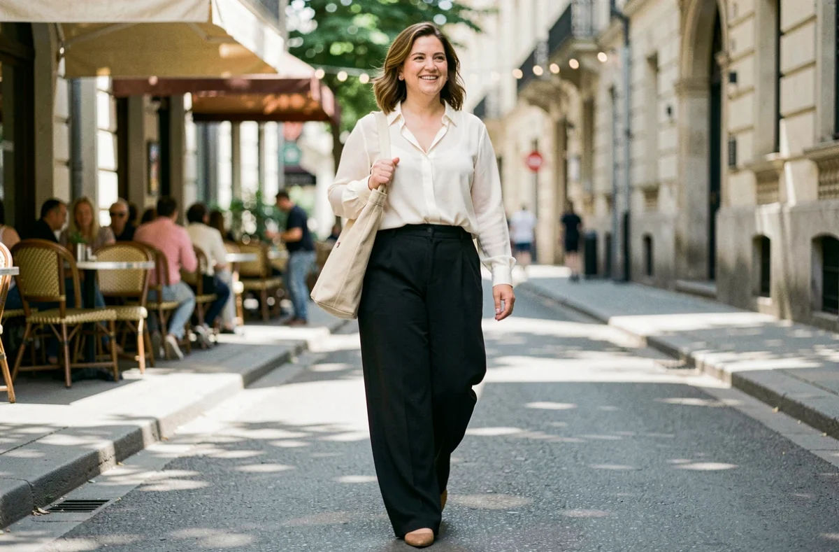 Femme aux rondeurs en pantalon taille haute et blouse fluide dans une rue urbaine, look minceur pour cuisses et ventre