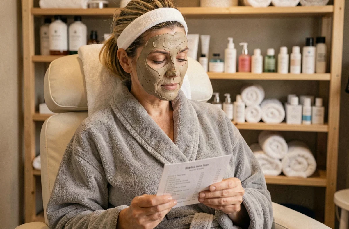 Femme en peignoir lisant la liste des prix des soins visage dans une cabine d'esthétique