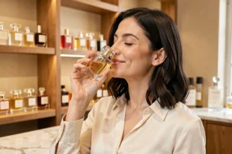 Femme testant un parfum dans une boutique élégante, yeux fermés, flacon en verre tenu près du visage