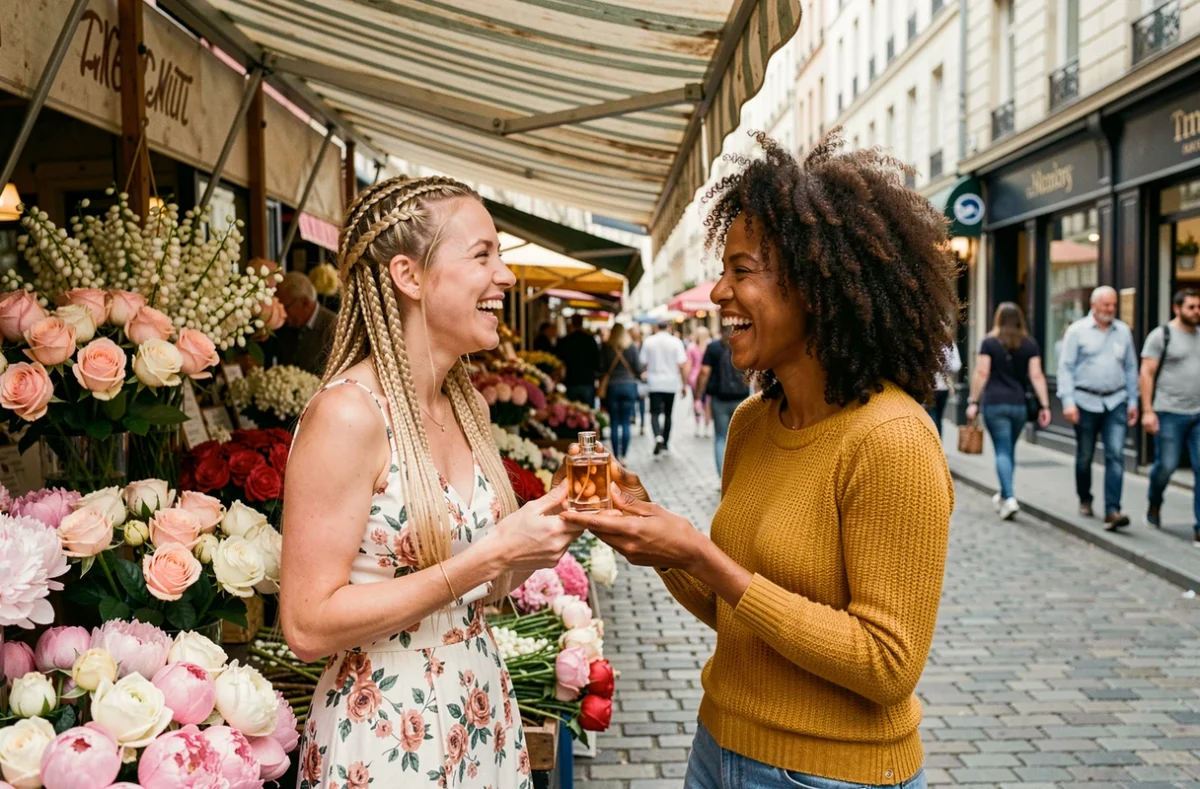 Deux femmes riant et s'échangeant un flacon de parfum devant un marché aux fleurs en plein air